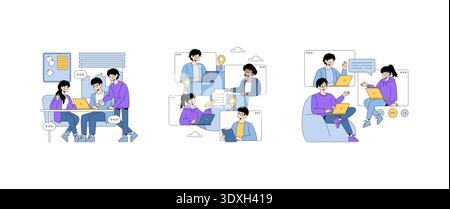 Vector illustration showcasing diverse team collaboration. Individuals engage in teamwork on laptops, participating in video calls and discussions, using technology for efficient communication. Stock Vector