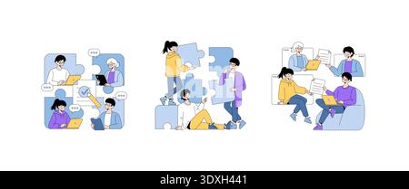 Vector illustration of teamwork and collaboration concepts using puzzle pieces. Groups of people interact with laptops and documents, showcasing problem-solving and discussion. Stock Vector