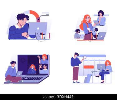 Vector illustration depicting individuals actively participating in virtual meetings, collaborating on projects, and analyzing data. Displays teamwork and communication in a digital workspace. Stock Vector