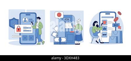 Vector illustration depicting online security and financial transactions. Includes secure login, ATM withdrawal, and online shopping with a focus on digital safety and user interaction. Stock Vector