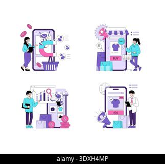 Vector illustration highlighting e-commerce and digital marketing strategies with characters interacting with online shopping, data analytics, and advertising elements to enhance business growth. Stock Vector