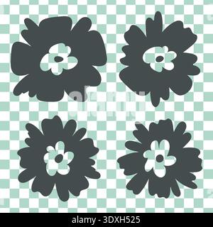 Simple abstract flower silhouettes, isolated icon elements and Checkered seamless pattern square background Set. Hand drawn doodle sketch cartoon 70s Stock Vector