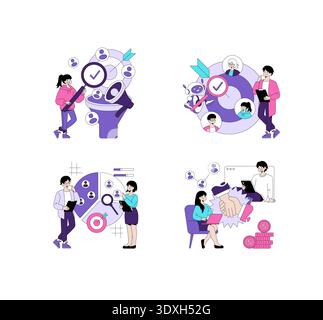 Vector illustration depicting vibrant digital marketing activities and team collaboration. Characters analyze data, engage in online discussions, and strategize business growth. Perfect for business concepts. Stock Vector