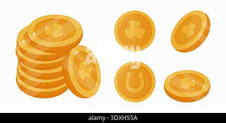 A collection of illustrations with shiny gold coins with a clover emblem. A symbol of good luck, prosperity, and wealth for celebrating St. Patricks Day. Graphic design elements. Stock Vector