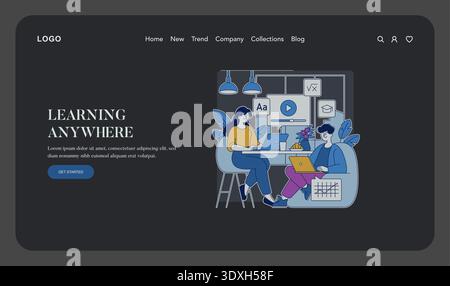 Vector illustration showing two people engaged in online learning using laptops. Various educational icons surround them, symbolizing digital education's versatility and accessibility. Stock Vector
