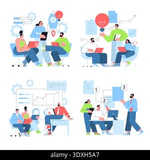 Vector illustration depicting a team collaborating and sharing innovative ideas. The image shows people engaging with digital devices, discussing strategies, and analyzing data in a dynamic workspace. Stock Vector