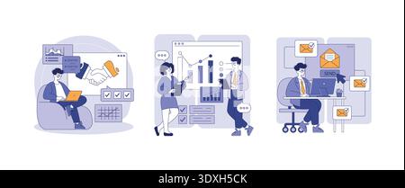 Vector illustration depicting three business scenarios. People collaborating on handshake, analyzing digital graphs, and sending emails on a laptop, emphasizing teamwork and communication. Stock Vector