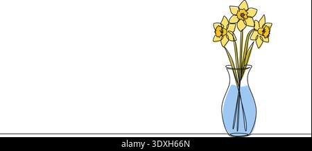continuous line drawing of daffodils in flower vase, line art vector illustration Stock Vector