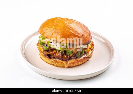 Gourmet beef burger on plate Stock Photo
