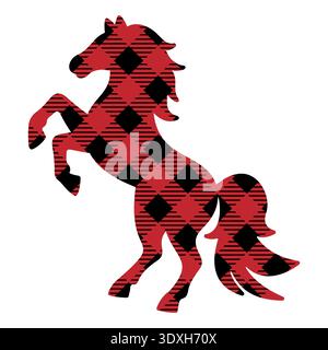 Rearing horse silhouette with red and black buffalo plaid pattern. Checkered stallion isolated on white background. Country art. Vector illustration  Stock Vector
