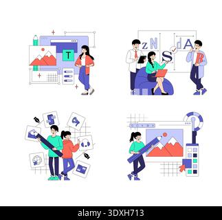 Vector illustration set showcasing creative team collaboration in design projects. Scenes depict team members discussing, planning, and working on graphic design tasks with enthusiasm and teamwork. Stock Vector
