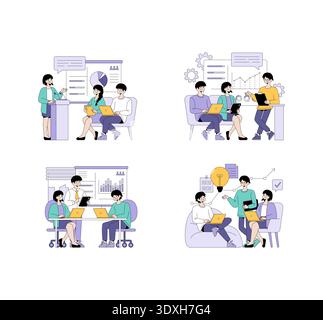 Business professionals engaged in team discussions and presentations, sharing ideas and analyzing charts in a collaborative environment. The vector illustration captures teamwork and communication dynamics. Stock Vector