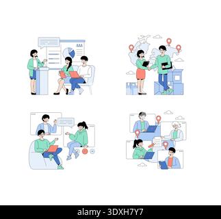 Vector illustrations depicting business meetings and global communication. Scenes include a group presentation, mutual agreement on a world map backdrop, a digital team call, and remote collaboration. Stock Vector