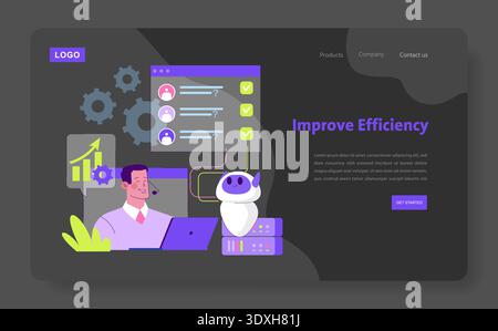 Business professional interacts with AI chatbot on laptop, surrounded by data graphics and gears to improve efficiency. Conceptual vector illustration of technology in workplace. Stock Vector