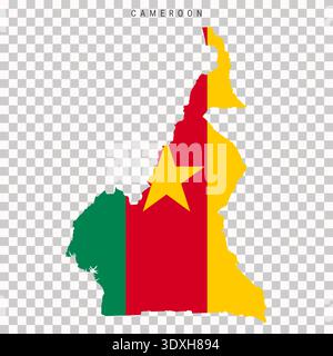 Map of Cameroon filled with national flag colors. Country silhouette isolated on transparent background for geography, infographic and travel design. Stock Vector