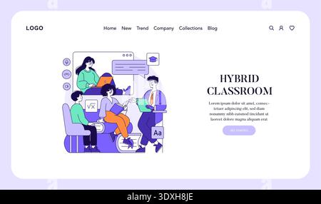 Vector illustration of a hybrid classroom with students and teacher interacting online and offline. Focus on collaborative learning and technology integration for modern education. Stock Vector