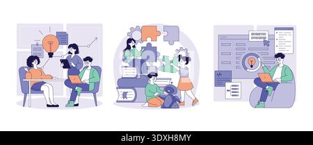 Vector illustration depicting a collaborative team discussion, puzzle-solving, and programming. Various team members engage in brainstorming and collaboration to drive innovative projects. Stock Vector