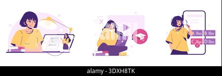 Vector illustration of students engaged in online learning activities. One student studies with a laptop, another focuses on a computer, and a third analyzes test options on a screen. Stock Vector