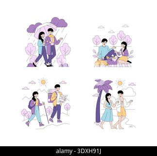 Vector illustration depicting couples engaging in outdoor activities. Scenes include walking in the rain, a picnic, hiking, and a beach walk. Vibrant and relaxed expressions highlight enjoyment. Stock Vector