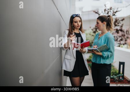Two businesswomen collaborating outdoors, discussing notes and planning a project Stock Photo