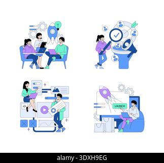 Vector illustration showing teamwork on tech projects. Teams engaged in discussions, planning, coding, and launching a startup idea. Visual elements include laptops, gears, rockets, and user interfaces. Stock Vector