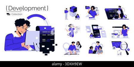 Vector illustration depicting a diverse team of individuals working creatively on software development. Various scenes show collaboration, coding, design, analysis, and problem-solving activities. Stock Vector