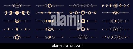 Celestial magic dividers. Decorative divider with stars, moon, crescent. Mystic ornamental elements, frames details. Gold borders for invitations Stock Vector