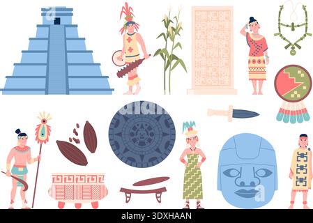 Maya civilization. Ancient aztec culture elements and characters. Tribal men women, shaman or leader and warrior. Pyramid, stone with symbols, flat Stock Vector