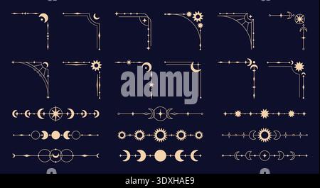 Celestial frames corners. Luxury divider and corner with mystic signs sun, stars, moon and crescent. Decoration for invitation, postcards, banners Stock Vector