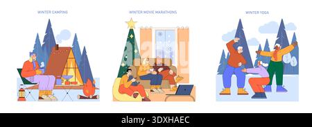Vector illustration showcasing winter camping, cozy movie marathons, and outdoor yoga. The scenes depict relaxation, family bonding, and fitness amidst a winter landscape, emphasizing joy and togetherness. Stock Vector