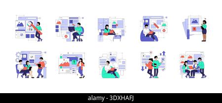 Vector illustration showcasing various actions in the UI UX design process. Features individuals interacting with design elements, coding, and teamwork, emphasizing creativity and collaboration. Stock Vector
