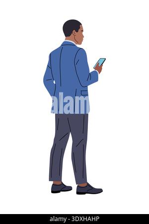 Black man seen from behind holding a smartphone Stock Vector
