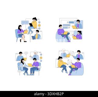 Vector illustration depicting diverse groups of individuals engaging in online meetings. They use laptops and tablets for discussions, sharing ideas and documents in a collaborative environment. Stock Vector