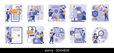 Vector illustrations depicting various financial interactions. Images include mobile banking, insurance discussions, ATM usage, contract signing, and security. Characters show engagement and professionalism. Stock Vector