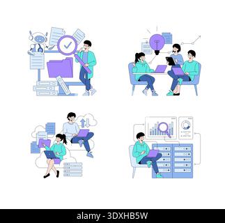 Vector illustration of business team engaging in collaboration, data analysis, and brainstorming. Depicts cloud computing, digital communication, and teamwork in a modern business setting. Stock Vector