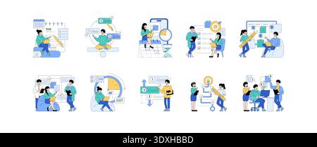 Vector illustration highlighting team collaboration during task management. Depicts individuals engaging in planning, scheduling, and workflow organization for effective teamwork. Stock Vector