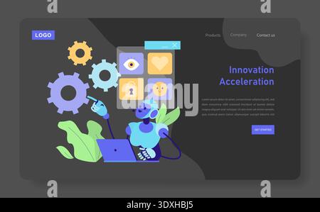 Vector illustration of a robot interacting with an interface featuring gears and icons, symbolizing innovation and technology acceleration in a digital context. Stock Vector