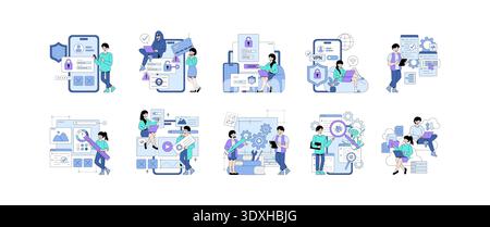 Vector illustrations depict various aspects of cybersecurity and software development. Scenes of login authentication, data protection, VPN usage, and teamwork in coding highlight secure tech practices. Stock Vector