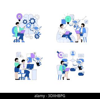 Vector illustration of diverse individuals collaborating with an AI robot in various professional settings, depicting teamwork and innovation. Ideal for tech and business concepts. Stock Vector