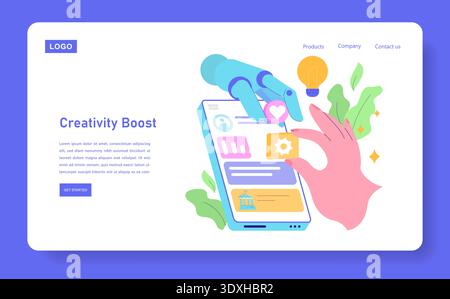 Vector illustration depicts a robotic and human hand interacting on a digital interface, symbolizing collaboration and innovation in technology and artificial intelligence. Stock Vector