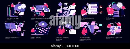 Vector illustration showcasing various AI and machine learning concepts, including neural networks, reinforcement learning, predictive analytics, and data processing. Ideal for educational and tech-focused content. Stock Vector