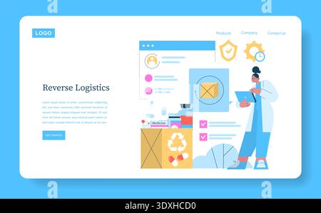 Vector illustration of reverse logistics with a person using a tablet. The design includes elements like recycling symbols, medicines, and checklists, focused on efficient resource management. Stock Vector