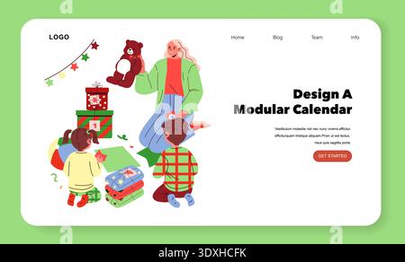 Vector illustration of a family enjoying a Christmas countdown with a modular calendar. Kids excitedly unwrap gifts, while an adult holds a teddy bear, sharing a joyful moment. Stock Vector