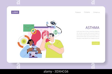 Medical vector illustration featuring a research scene on asthma awareness. Includes person analyzing data, use of a microscope, and interactive medical elements highlighting respiratory health. Stock Vector