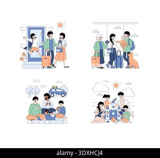 Vector illustration depicting a family enjoying travel and leisure activities. Scenes show a family leaving home with luggage, meeting at the airport, having a picnic, and building sandcastles. Stock Vector