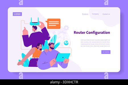 Vector illustration showcasing people configuring a router using digital devices. The image represents teamwork in a tech-oriented environment with a focus on connectivity setup. Stock Vector