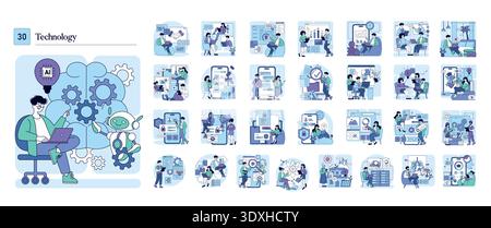 Vector illustration of a person interacting with a robot symbolizing AI collaboration. Various icons depict technology, innovation, and digital communication in a futuristic style. Stock Vector