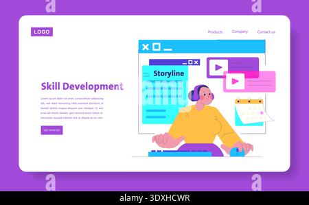 Skill development vector illustration on a website interface featuring a person with headphones, engaging with digital content for learning. Ideal for education and e-learning concepts. Stock Vector