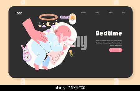 Vector illustration of a baby peacefully sleeping in a crib, holding a stuffed toy, while a parent gently places their hand on the child, creating a comforting scene. Stock Vector