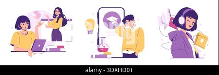 Vector illustration depicting creativity and innovation in education. Features students engaged in digital learning, scientific exploration, and multimedia experiences, showcasing dynamic academics. Stock Vector